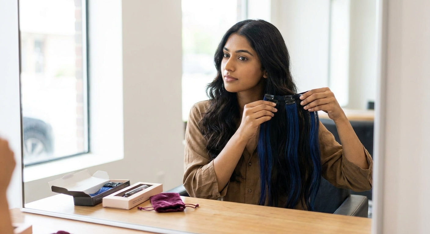 Blue and black clip-in streaks for Indian hair: what works
