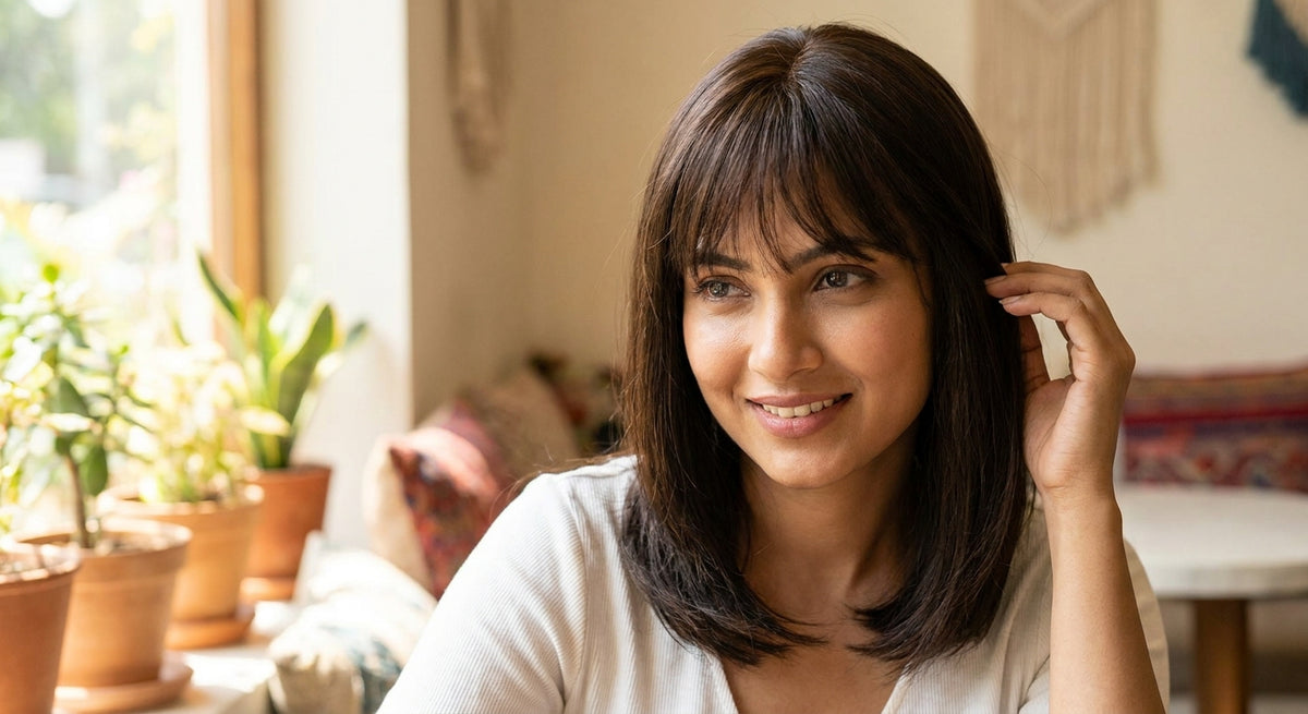 Hair topper with bangs in dark brown for Indian women