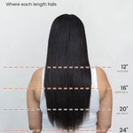 HairJoy hair length guide shown on a model's back view, with 12, 16, 20 and 24 inch markings at shoulder, upper back, mid-back and lower back, measured from the top of the head