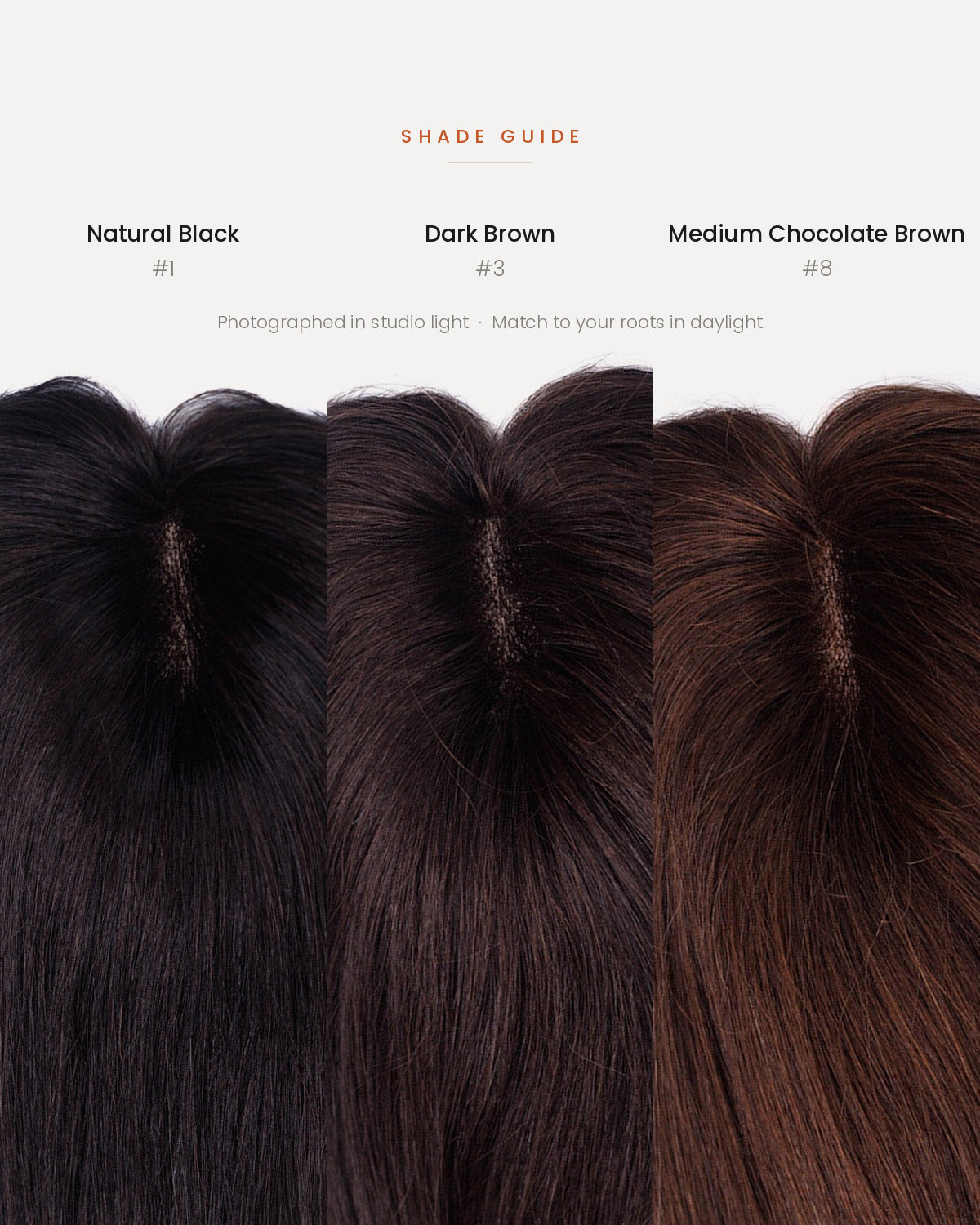 HairJoy shade guide: Natural Black #1, Dark Brown #3, Medium Chocolate Brown #8