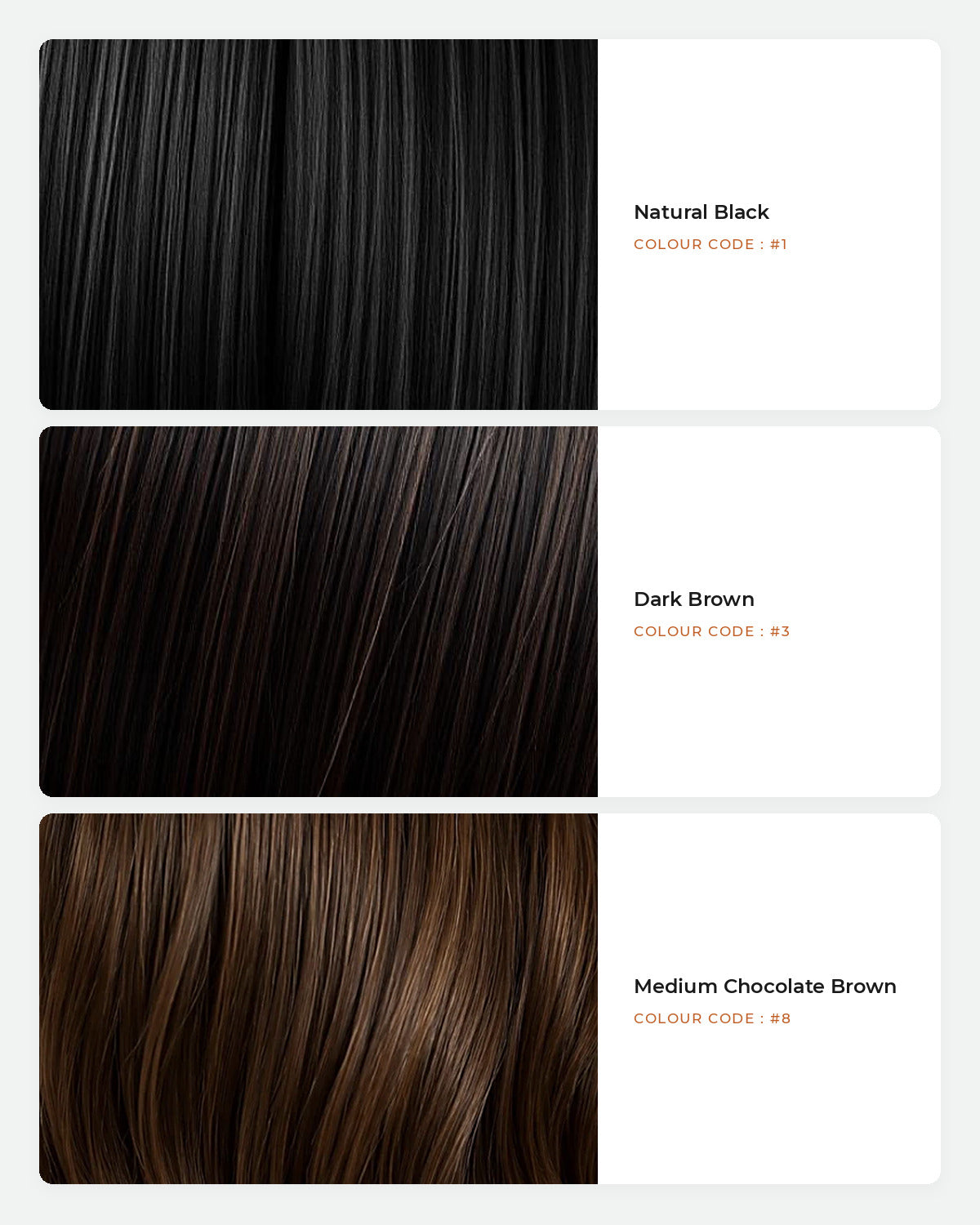 HairJoy shade guide: Natural Black #1, Dark Brown #3, Medium Chocolate Brown #8
