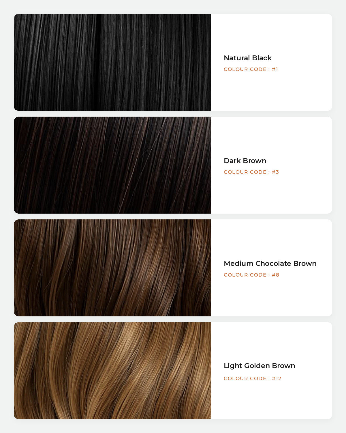 HairJoy shade guide: Natural Black #1, Dark Brown #3, Medium Chocolate Brown #8, Light Golden Brown #12